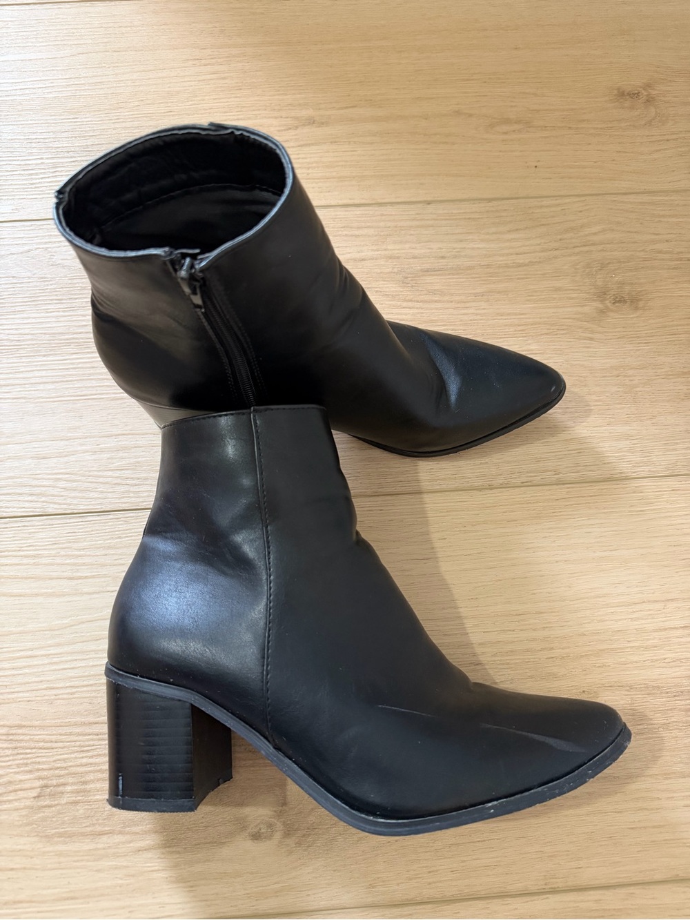 Faux Leather Black Pointed-Toe Heeled Ankle Boots